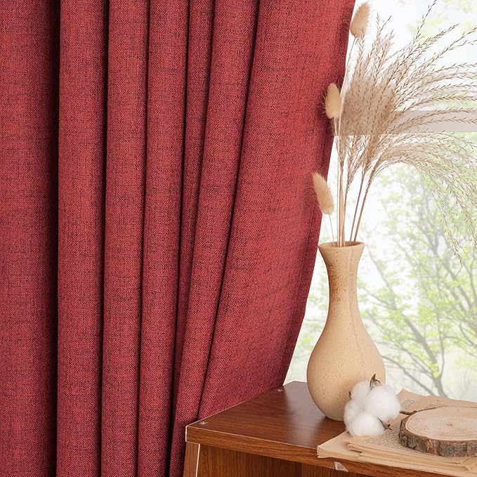 YoungsTex Red Linen Curtains 54 Inch Length for Kitchen, Light Filtering Semi Sheer Small Window Drapes Rod Pocket Back Tab for Christmas Living Room Cafe, 2 Panels, 42 X 54 Inch