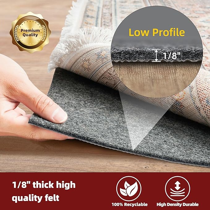 BAGAIL Felt and Natural Rubber Backing Rug Pads 1/8” Thick, 2 x 6 Ft Non Slip Rug Gripper Keep Rugs in Place, Under Area Rug Protective Cushioned Pads, Carpet Runners, Hardwood Floors Protection
