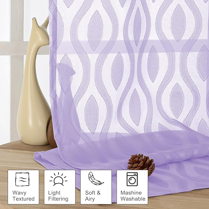 Aiyufeng Purple Sheer Curtains 84 Inch Length 2 Panels, Solid Lightweight Clip Jacquard Light Filtering for Bedroom Living Room, Modern Wavy Line Rod Pocket, Total 80 Inches Width
