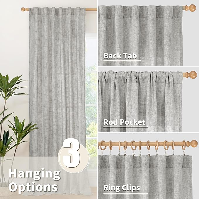 YoungsTex Dark Grey Light Filtering Curtains 84 Inch Length, Linen Drapes Semi Sheer with Rod Pocket Back Tabe for Living Room Bedroom Office Farmhouse Privacy, 52 X 84 Inch, 2 Panels
