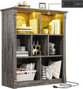 EnHomee 7 Cube Bookshelf Cubby Storage Organizer with LED Lights and Charging Station, Wood Shelf Display Cabinet for Bedroom, Living Room, Office Black Oak