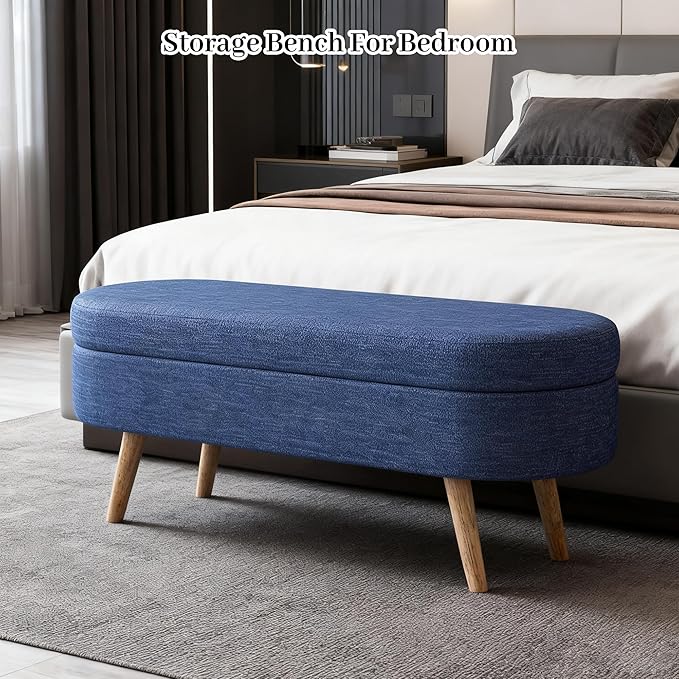 Storage Bench, 43" Storage Ottoman Bench, Shoe Storages Benches for Bedroom, Upholstered Entryway Benches with Seating, Rubber Wood Legs for Bedroom, Living Room, Entryway, Bed Side, Blue
