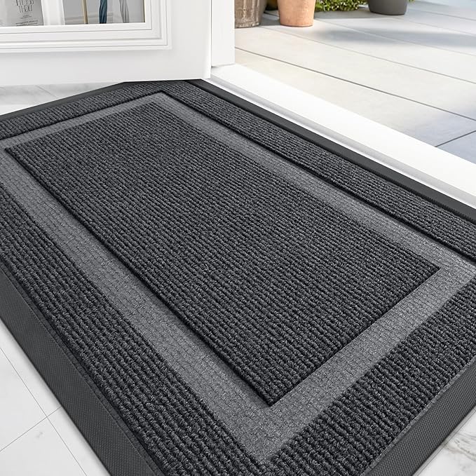 OLANLY Front Door Mat Indoor Outdoor Entrance, Waterproof All-Season, All-Weather Doormat, Sturdy Natural Rubber, Fade Resistant, Low Profile, Easy Clean Patio Porch Entryway Mat, 59x35, Grey