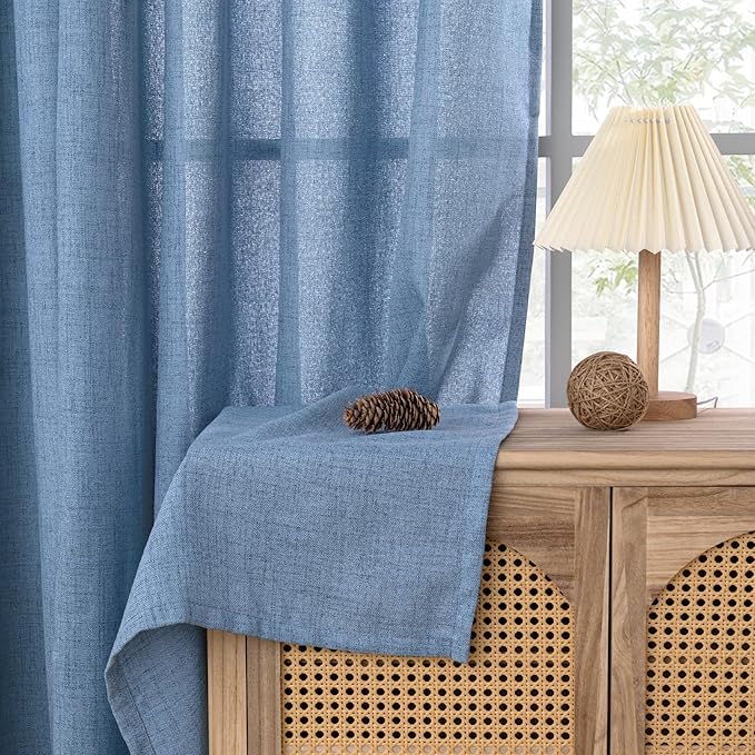 YoungsTex Denim Blue Linen Curtains 48 Inch Length for Short Kitchen Window, Semi Sheer Drapes Light Filtering with Rod Pocket Back Tab for Bathroom Living Room, 2 Panels, 42 X 48 Inch