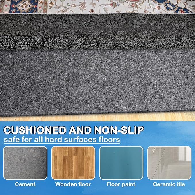 Non-Slip Rug Pads 1/4” Thick, 7x10Ft Waterproof Rugs Non Skid Rug Pad for All Floors and Finishes Durable Hardwood Floor Protective Felt Keeps Rugs in Place, Safe and Secure