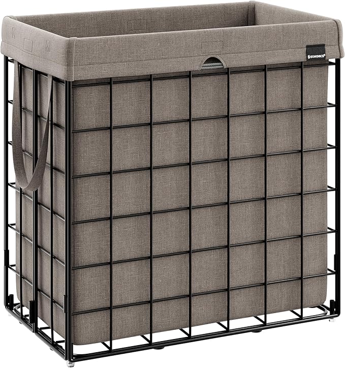 SONGMICS Laundry Hamper, 29 Gal. (110L) Laundry Basket, Collapsible Clothes Hamper, Removable and Washable Liner, Metal Wire Frame, for Bedroom Bathroom, Black and Camel Brown ULCB111N01