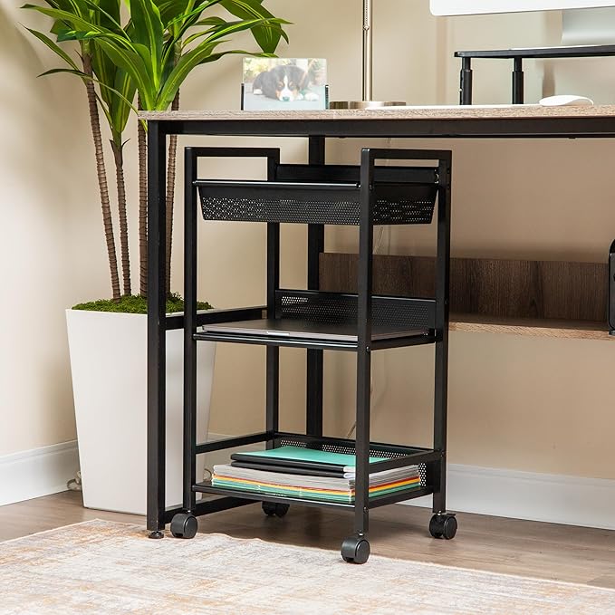 Mind Reader Cart with Covered Compartment, Office Organizer, Storage, 3-Tier, Office, Metal, 15.5" L x 11" W x 28.25" H, Black