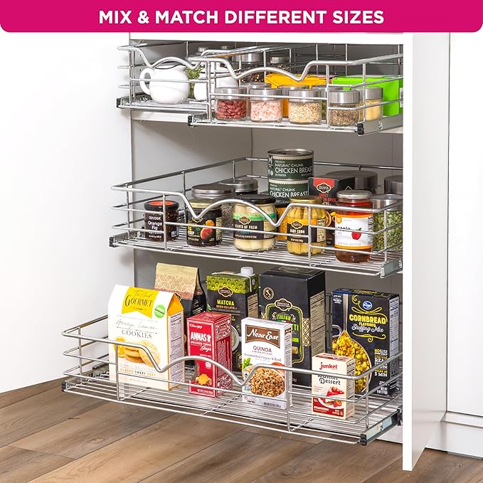 HOLDN’ STORAGE Heavy-Duty Premium Collection Pull Out Cabinet Organizer, Cabinet Drawer Slide Outs, Lifetime Limited Warranty - Basket Size 22" W x 21" D x 5" H, Anti-Rust Chrome Finish