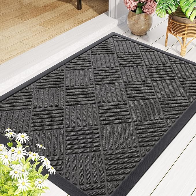 Smiry Front Door Mat Outside Entrance, Heavy Duty Outdoor Indoor Natural Rubber Doormat, Non Slip, Trap Dirt and Moisture, Easy Clean, Low Profile Patio Porch Entryway Mat, 71x23, Grey