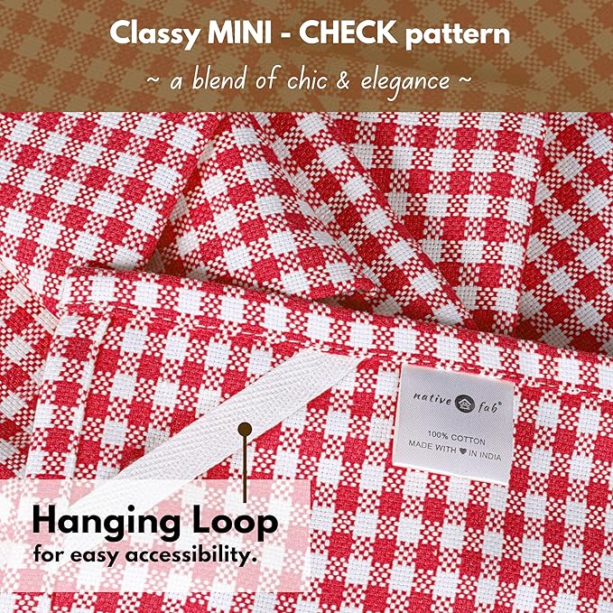 Native Fab Gingham Cotton Kitchen Towel 4 Pack 16"x26" - Absorbent Tea Linen Towels, Dish Cloths, Restaurant Cleaning Towel, Dish Towels with Hanging Loop, Red White