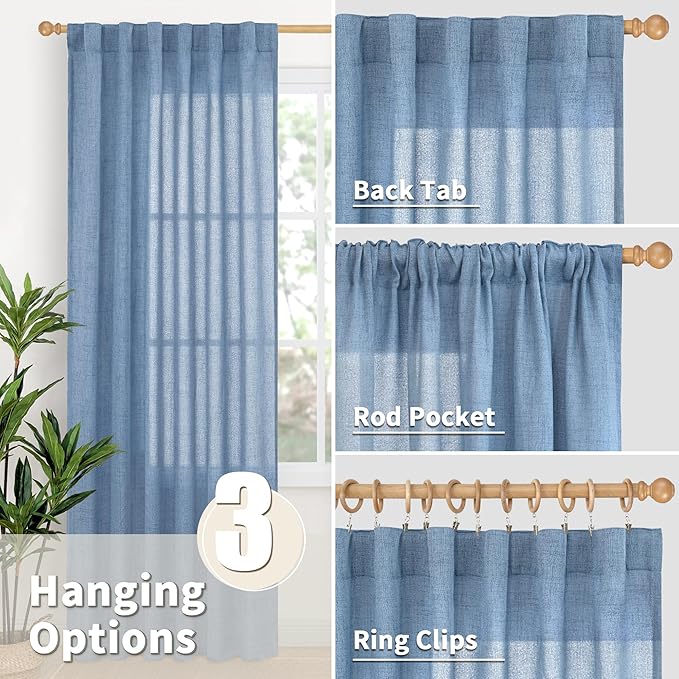 YoungsTex Denim Blue Curtains 72 Inches Long for Living Room Window, Linen Semi Sheer Drapes Light Filtering with Back Tab Rod Pocket Privacy Lightweight for Bedroom Office, 2 Panels, 42 x 72 Inch