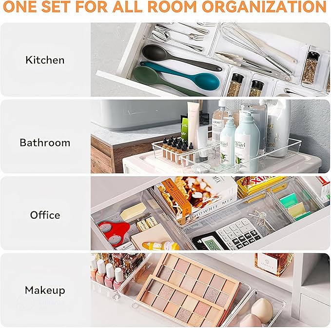6 Pack Large Clear Plastic Drawer Organizer Trays – Non-Slip Storage Bins for Kitchen Utensils, Makeup, Jewelry, Bathroom, and Office Desk – Multi-Use Plastic Drawer Dividers for Home Organization