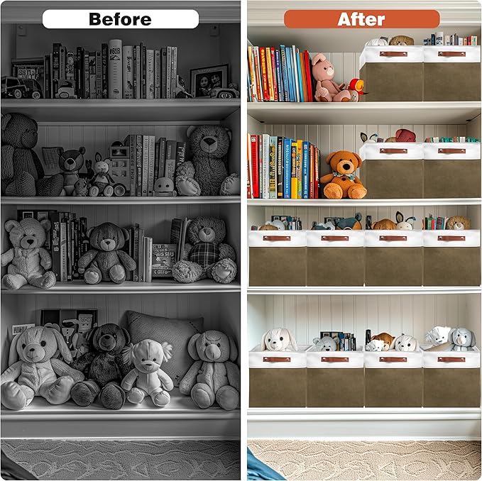 11in Open Fabric Storage Basket with Leather Handles for Organizing, Collapsible Linen Closet Bins for Shelves, Closets, Laundry, Decorative Basket for Gifts. (White＆Brown, 3PCS/11x11in)