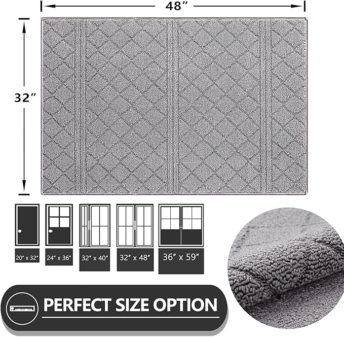 REFETONE Indoor Doormat, Front Back Door Mat 32"x48" Absorbent Rubber Backing Non Slip Door Mats, Low-Profile Resist Dirt Rugs, Machine Washable Door Rug Inside Floor Mat for Entryway, Light Grey