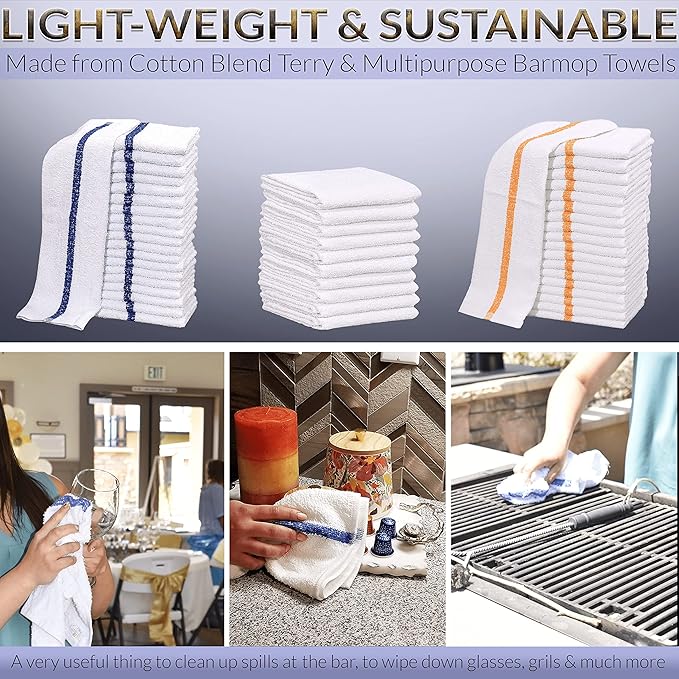 120 PC New Cotton Blend White Restaurant Bar Mops Kitchen Towels (10 Dozen ) (120, Gold Stripe), 32 Oz