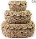 KOLWOVEN Set of 3 Wicker Storage Baskets with Lid - Decorative Handwoven Rattan Baskets for Organizing, Small Hyacinth Storage Boxes with Scalloped Edges, Natural Woven Storage Bins with Lids