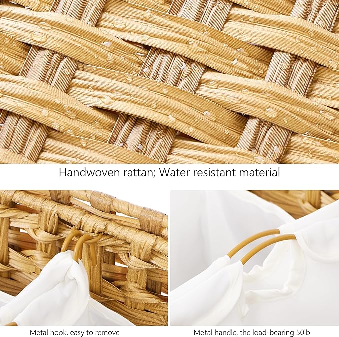 Laundry Hamper with 4 Removable Liner Bags; 176L Handwoven Rattan Laundry Basket with Lid & Heightened Feet; Clothes Hamper with Side Handles (Natural)