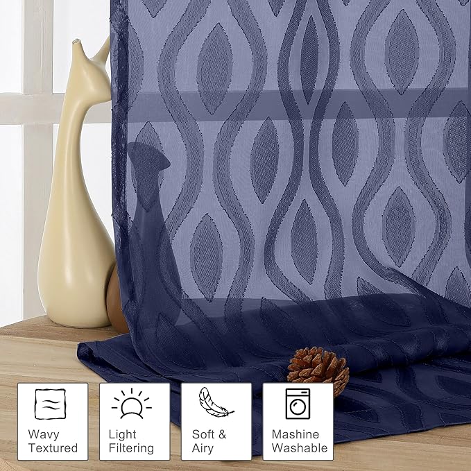Aiyufeng Navy Curtains 45 Inch Length 2 Panels Set, Farmhouse Soft Airy Lightweight Clip Jacquard Textured Curtains, Chic Wavy Line Window Curtains for Bedroom Living Room, 40" Wx45 L Inches