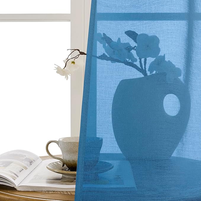 Tollpiz Short Sheer Door Curtain Closet Linen Textured Curtain Sheers Doorway Light Filtering Voile Patio Glass Door Rod Pocket Curtains French Door, 54 x 54 inches Long, Classic Blue, Set of 1 Panel