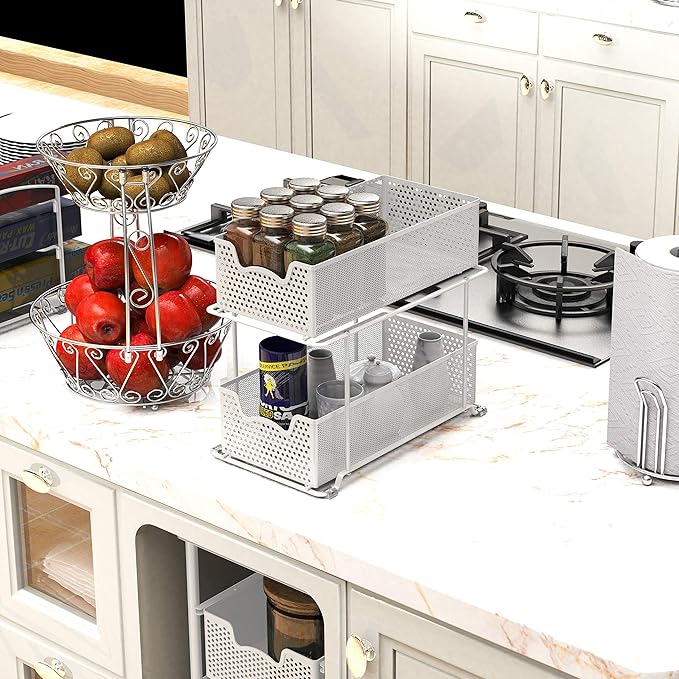 SIMPLE HOUSEWARE 2 Tier Sliding Cabinet Basket Organizer Drawer, White
