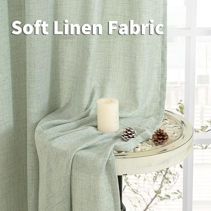 YoungsTex Sage Green Linen Curtains 63 Inch Length for Short Living Room, Semi Sheer Window Drapes Light Filtering with Back Tab Rod Pocket for Bedroom Spring Decor, 52 X 63 Inch, 2 Panels