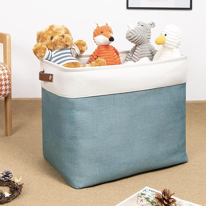 DULLEMELO Large Collapsible Storage Basket/Bin with Sturdy Leather Handles, Fabric Organizer Bin for Storage Clothes, Toys, Books, Office, Bedroom, Closet, Nursery & Laundry (White&Teal)