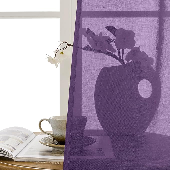 Tollpiz Short Sheer Door Curtains Closet Linen Textured Curtains Sheer Doorway Light Filtering Voile Patio Glass Doors Rod Pocket Curtain French Door, 54 x 40 inches Long, Royal Purple, Set of 1 Panel