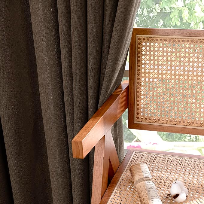 YoungsTex Brown Linen Curtains for Living Room 63 Inches Long, Chocolate Semi Sheer Drapes Textured Light Filtering Window Treatments with Rod Pocket Back Tab for Bedroom, 2 Panels, 52 X 63 Inch